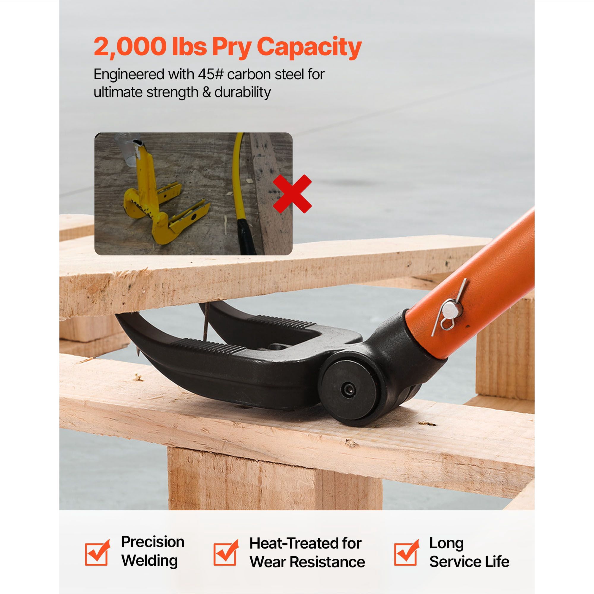 Heavy-Duty Lever Pallet Buster with 2000 lbs Prying Capacity, 50" Length, Heat-Treated Carbon Steel, for Pallet Deck Removal