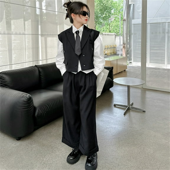 HAYIMI Kids Girls Fashion Outfits 2 Piece Suit Vest And Wide Leg Pants Set Teen Girls Casual Stylish Vest Trousers Outfit Birthday Child O-Neck Cartoon Clothes Sets