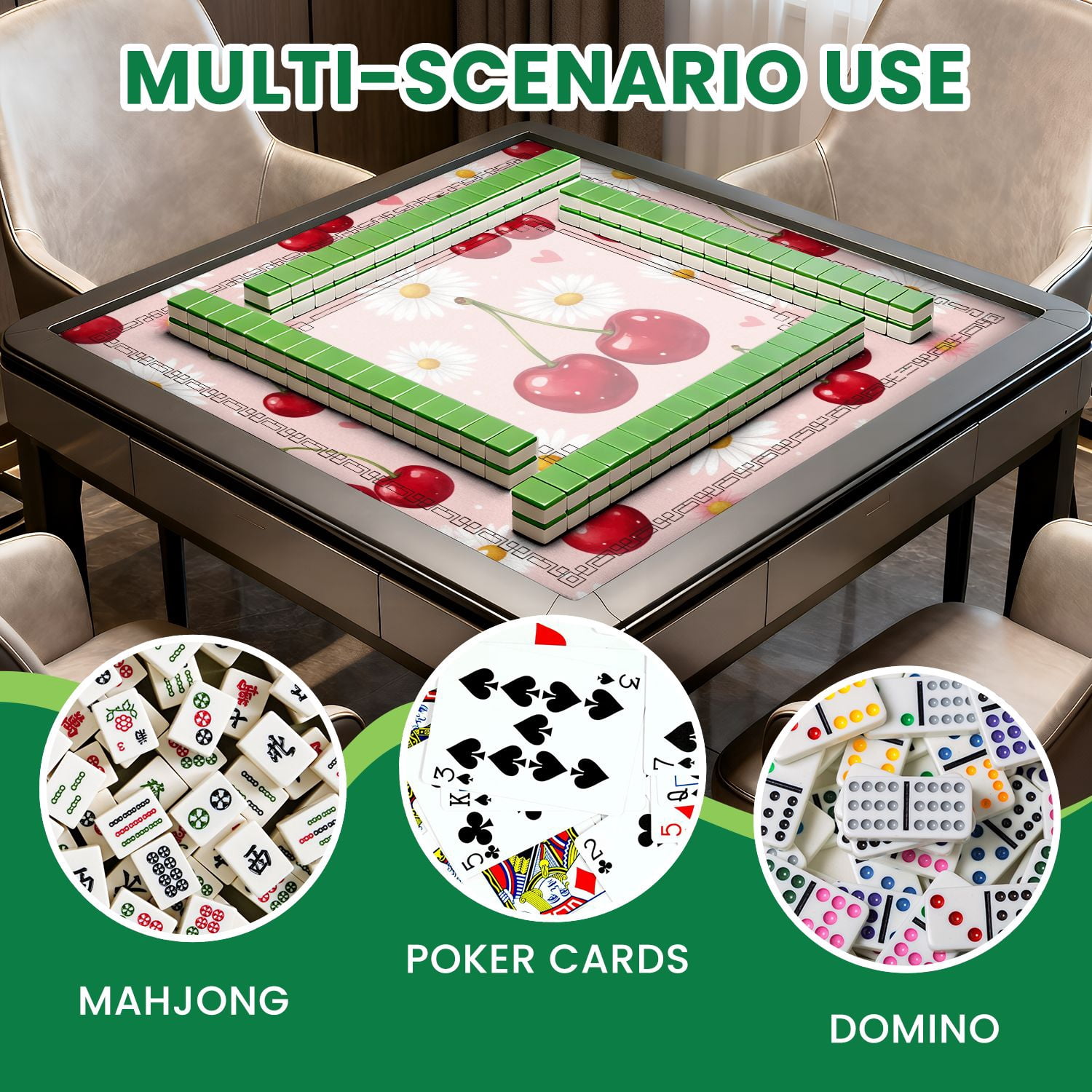 Mahjong Mat 31.5" x 31.5" Seamless Red Cherries White Daisies Pink Non-Slip Noise Reduction American Mahjong Tiles Table Cover for Dominoes Poker Card Board Games Gift