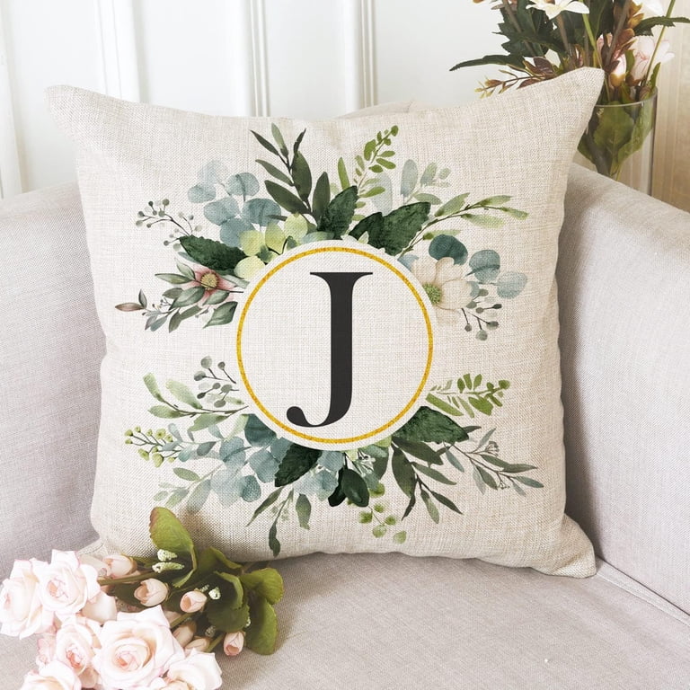 Monogram Letter J Throw Pillow Covers Floral 18x18 Inch, Greenery