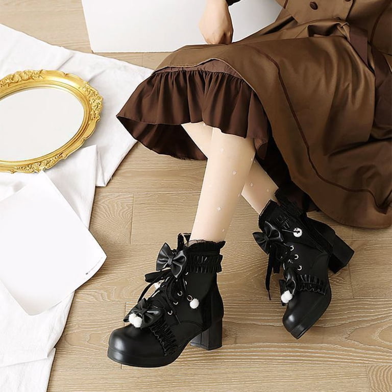 cute dress up boots Mepaouo Women Goth Platform Boots Chunky High Heels Lace up Lolita Dress Ankle Booties with Cute Bow, Women's, Size: 7.5, Black