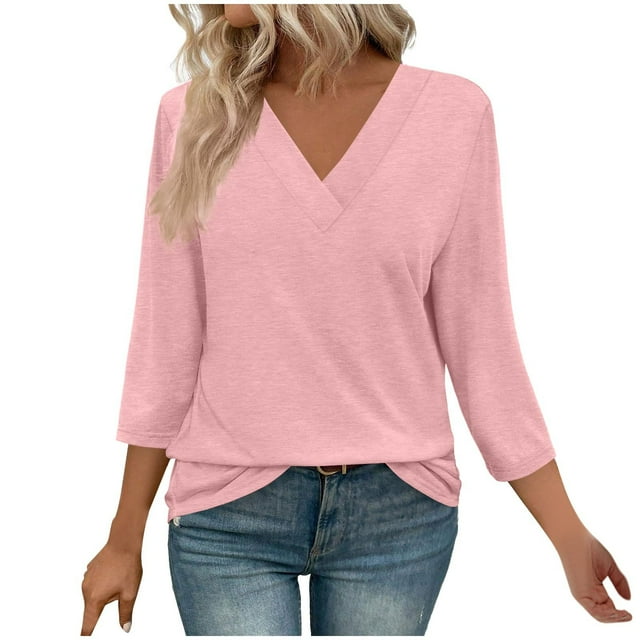 Plebaso Chemises à Manches 3/4 pour Femmes Col en V Tunique Décontractée Blouses Amples Unies pour Dames