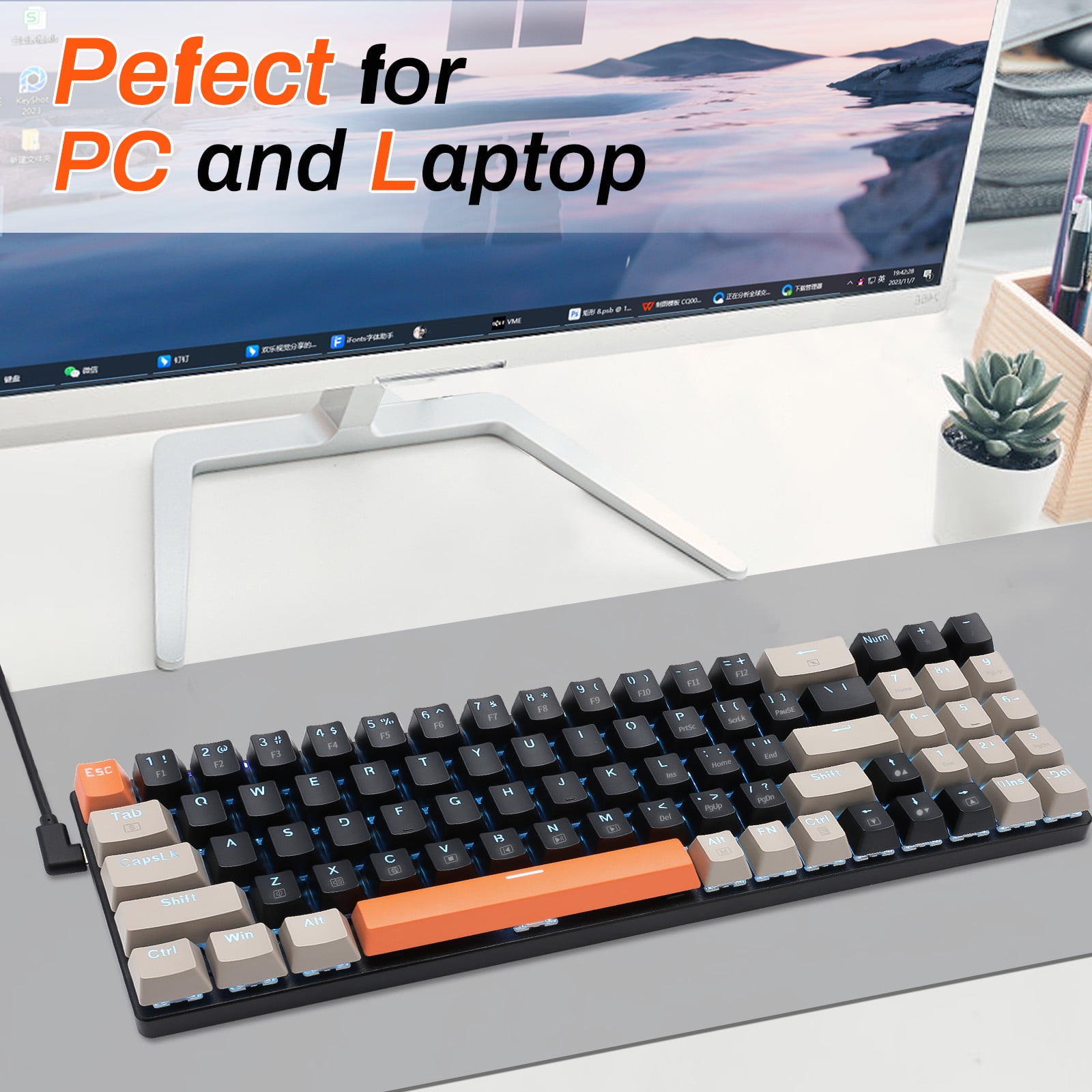 HUO JI USB Mechanical Keyboard Wired with Number Pad, Led Backlit, Blue Switch, Compact 78 Keys for PC/Computer/Laptop Gaming and Office, Black/Grey