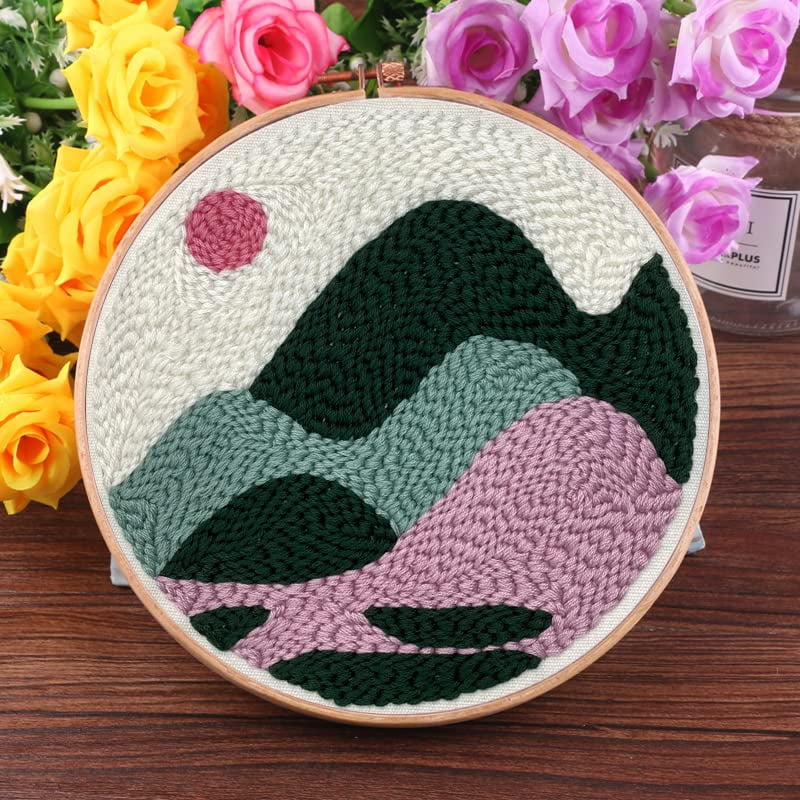2 Pack Easy Smaller Size DIY Craft Punch Needle Embroidery Kits Rug for Starter Kits with Stamped Color Pattern with Instruction,Yarn and Wood Needle Pen,15cm Hoop (Sunset,Mountains)