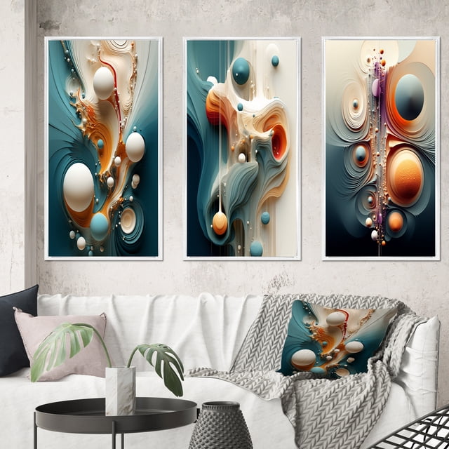 Designart "Organic Blessings from the Otherworldly Multiverse II" Minimalism Framed Wall Art Set Of 3 - White Abstract Minimalism Frame Gallery Set For Office Decor
