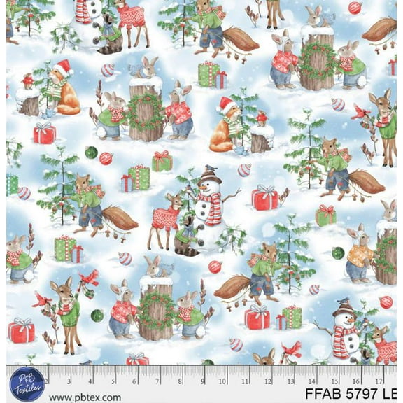 Cotton Frost & Fable Festive Scenic Christmas Snowmen Animals Holiday Season Winter P&B Textiles Multicolor Cotton Fabric Print by the Yard (FFAB-05797-LB)