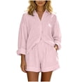 thumbnail image 2 of Cagogo Women's 2 Piece Striped Casual Set V Neck Long Sleeve Top Elastic Waisted Shorts Summer Outfits Lounge Travel Clothes Matching Two Piece, Pink S, 2 of 5