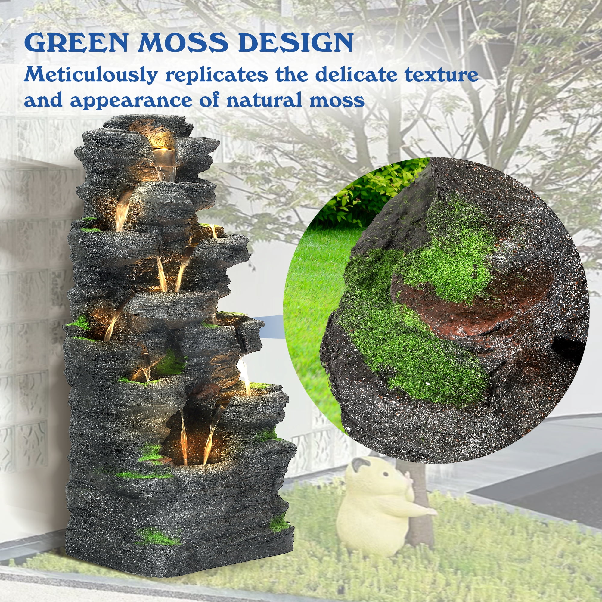Magic Union 10-Tier Cascading Rock Water Fountain, 40" H Outdoor Freestanding Fountain with LED Lights and Pump, Outdoor Garden Waterfall Decor for Patio, Yard and Deck Decor, Natural Stone Look