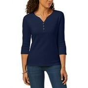 Karen Scott Women's Cotton Henley Shirt Dark Blue Size Petite Medium