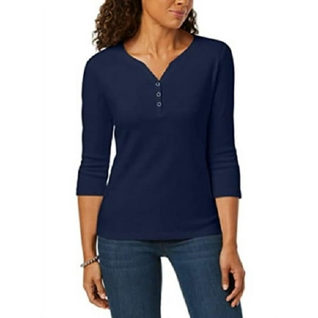 Karen Scott Women's Cotton Henley Shirt Dark Blue Size Petite Medium