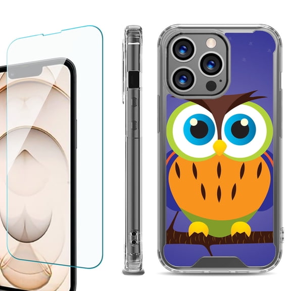 Shockproof Bumper Phone Case for iPhone 13 Pro Max, with Tempered Glass Screen Protector, by OneToughShield ® - Night Owl