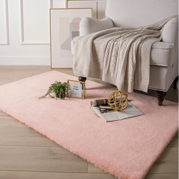 Soft Fluffy Faux Rabbit Fur Area Rugs, Indoor Decor Mat, 3 x 5 Feet, Rectangle Pink, 1 Pack