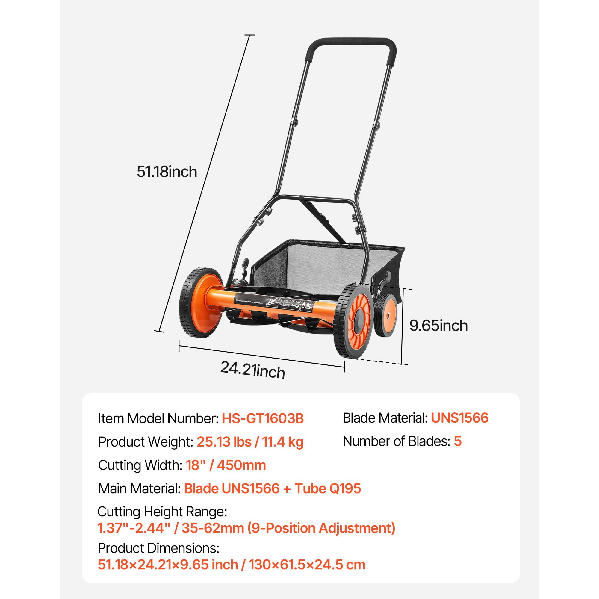 18" 5-Blade Manual Push Reel Lawn Mower with Adjustable Cutting Height, Grass Catcher & 4 Wheels for Effective Lawn Care