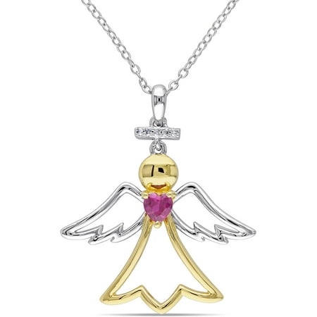 1/3 Carat T.G.W. Created Ruby and Diamond Accent Two-Tone Sterling Silver Angel Heart Pendant, 18