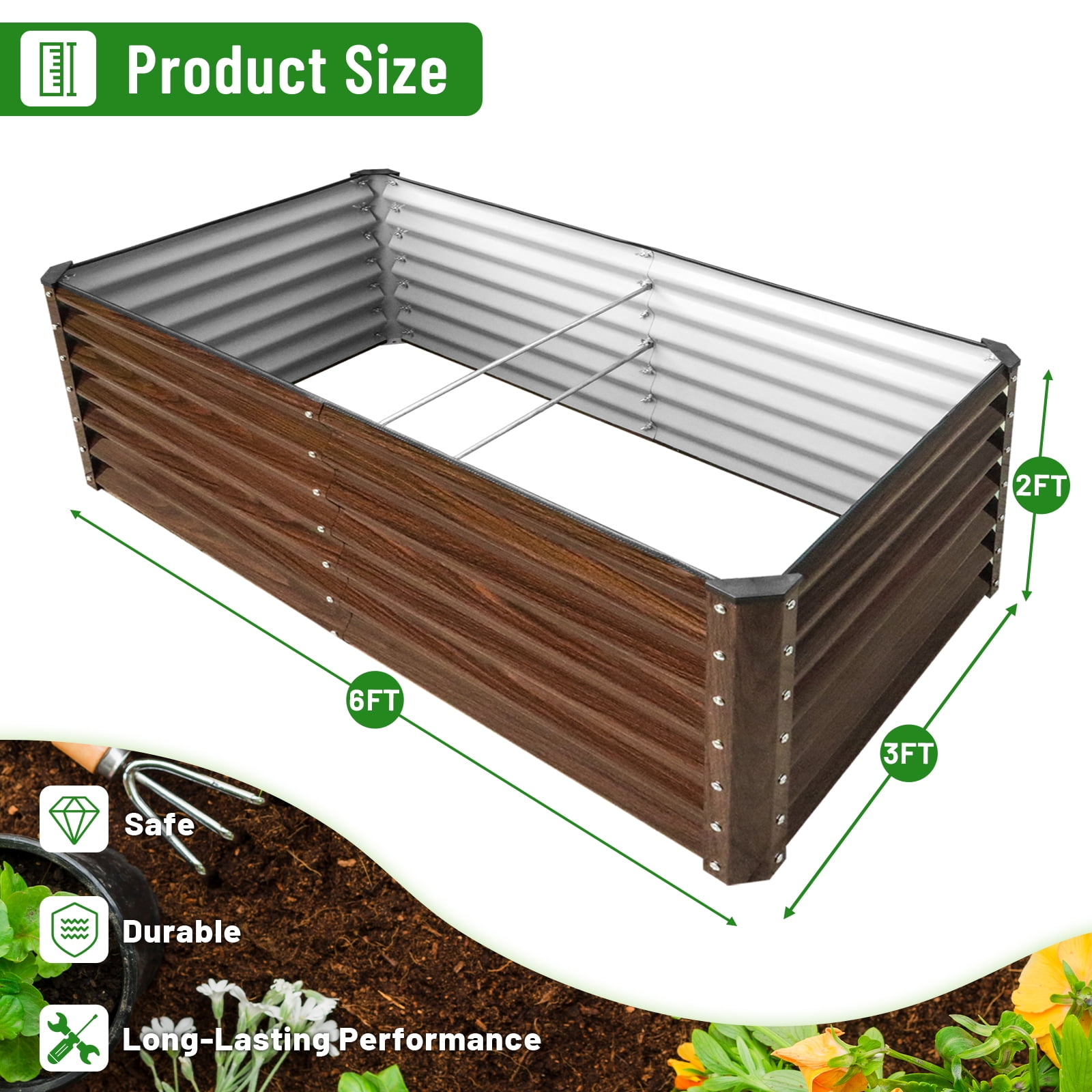 SnugNiture 6x3x2 ft Metal Raised Garden Bed Outdoor, Deep Root Galvanized Planter Box for Vegetables, Flowers