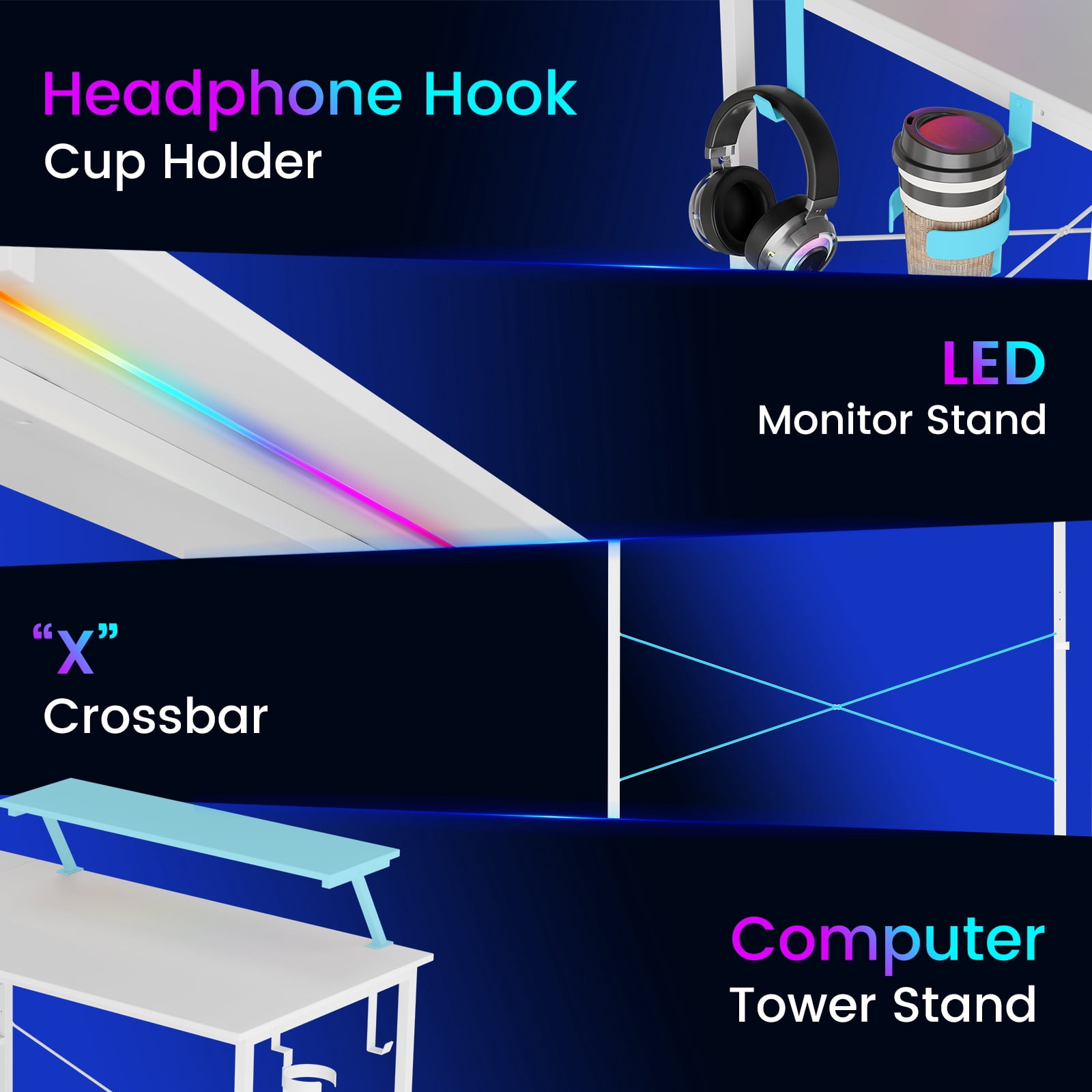 CLOUDREST PRO 42" L-Shaped Computer Desk, Power Outlets & RGB LEDs, White