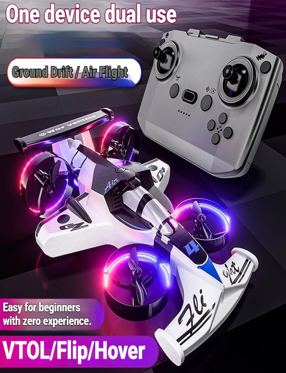 Rechargeable Dual-Mode Car Drone, 2 in 1 Flying RC Car Drone, 360° High Speed Drift Stunt Cars, 3 Speeds Adjustable, Dual Land & Air Modes, Cool Light Show
