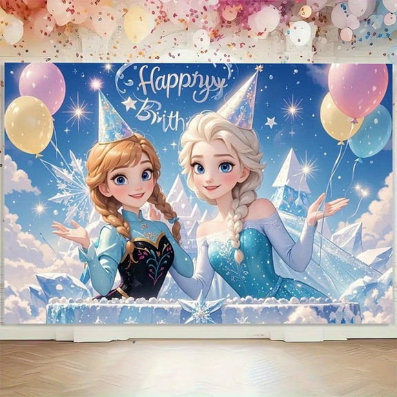 Frozen Elsa and Anna's birthday party background, stars and balloons birthday, Valentine's Day, Easter, Ramadan, holiday event accessories, vibrant celebration design