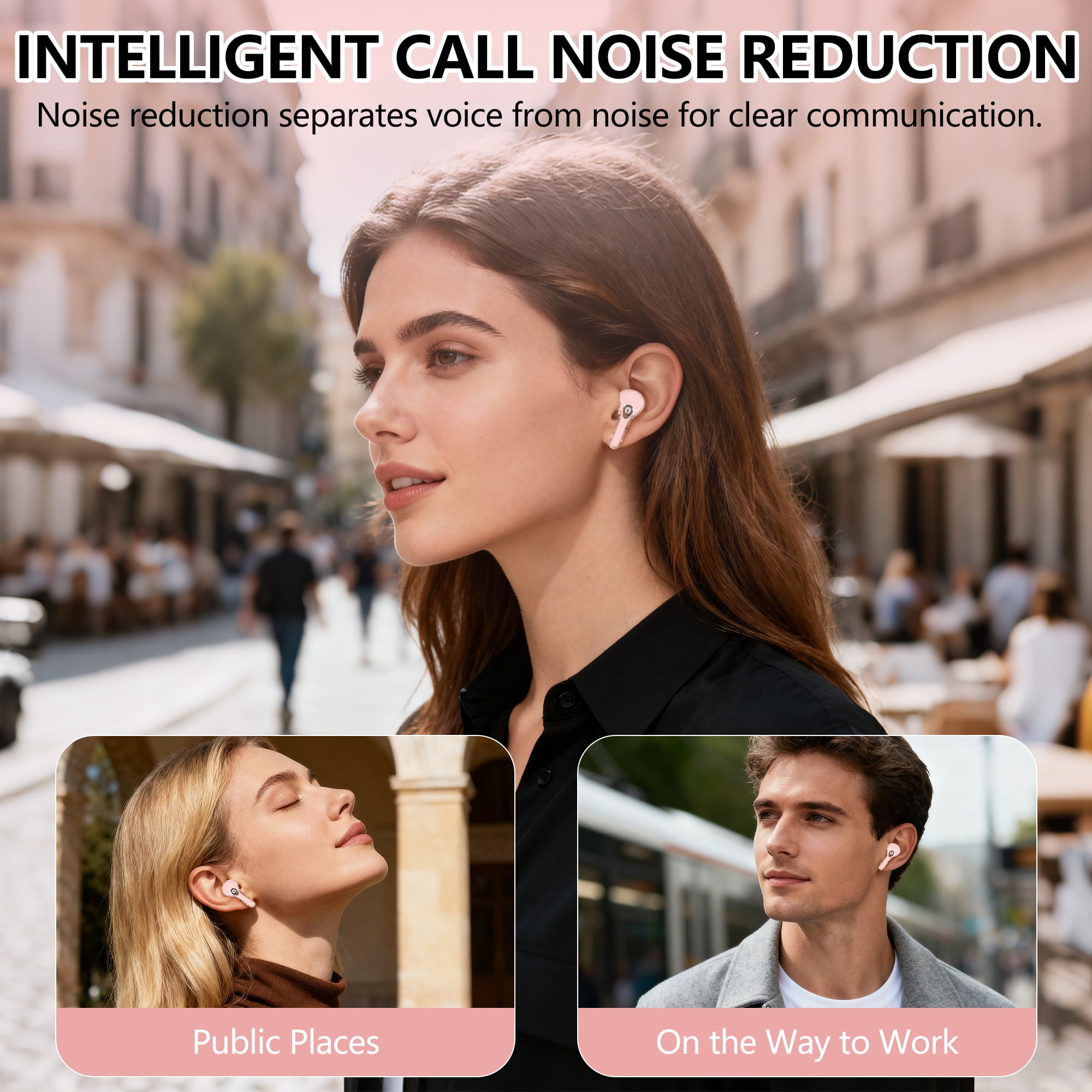 ENC Wireless Bluetooth Earphone, Smart Touch Screen Headphone, 24h Playtime for Sports & Working, Stereo Sound Headphone for iOS/Android/Windows, Pink