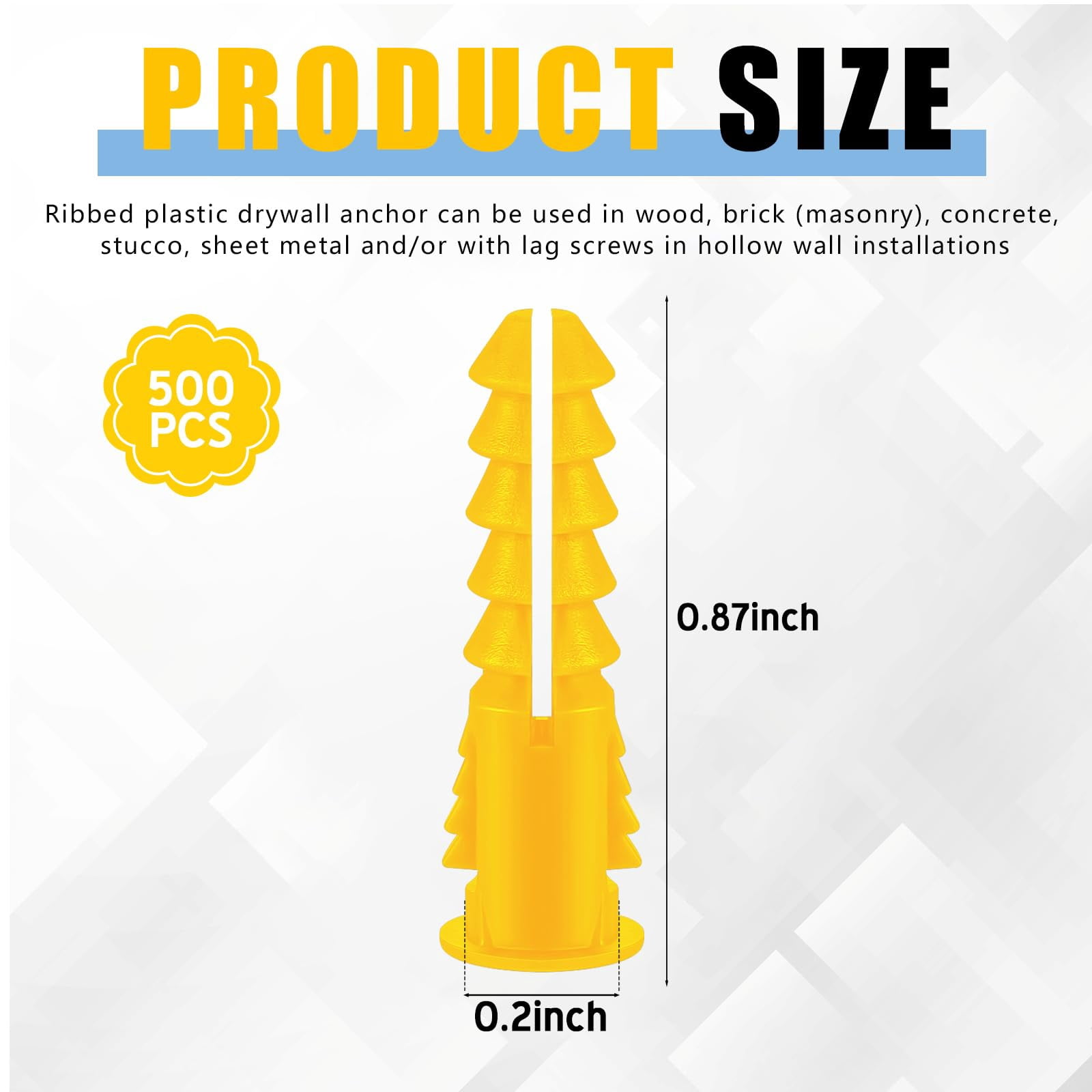 500 Pcs #4-6-8 x 7/8 Inch Ribbed Lightweight Plastic Anchors Drywall Anchors for Hollow Walls Pictures Artwork Decor Light Duty Anchoring Application (Yellow)