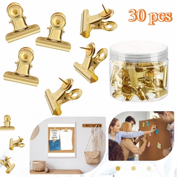 30-Pack No-Hole Push Pin Clips, Gold Metal Thumb Tacks with Clips for Cork Boards, Bulletin Board Pins for Paper & Photos