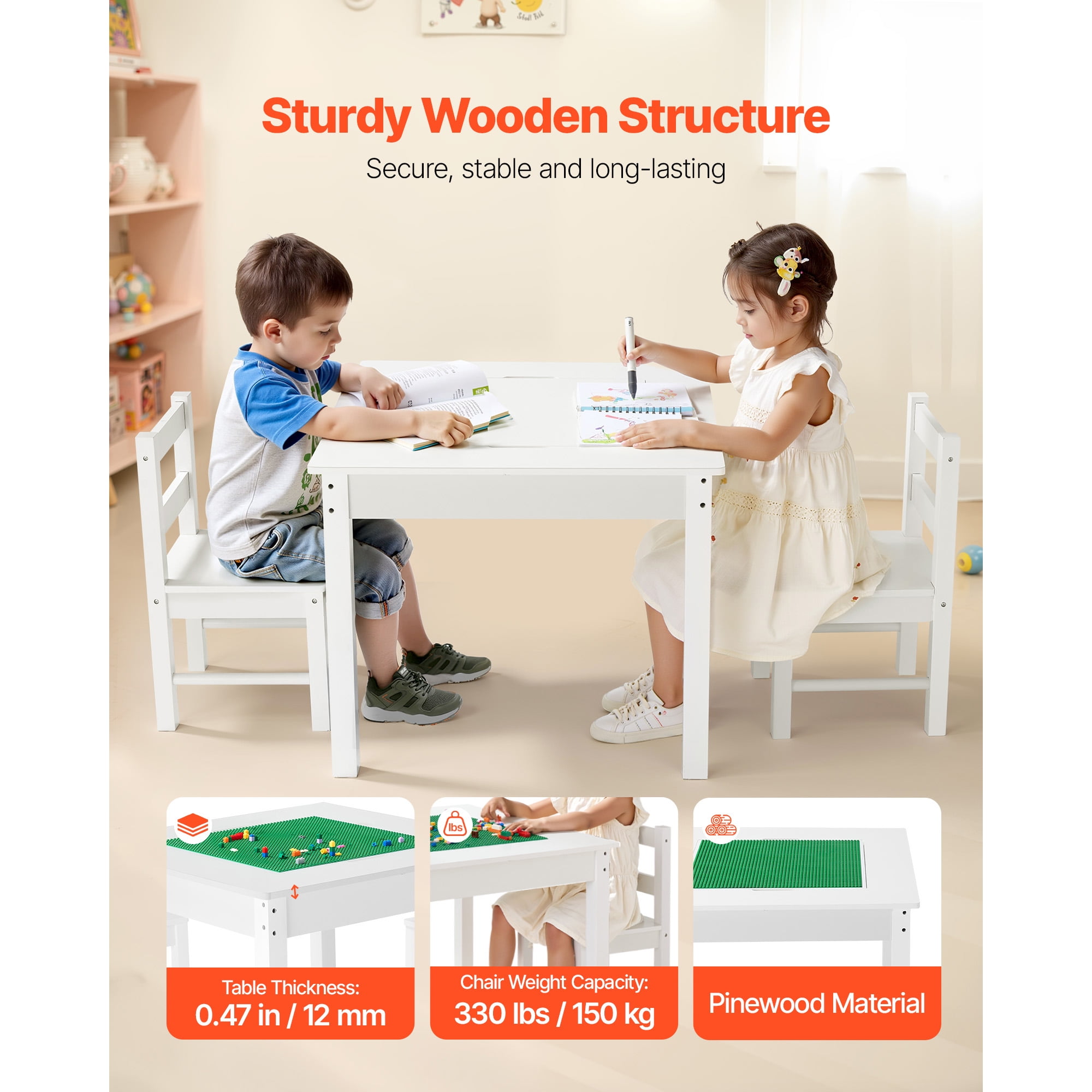 KFFKFF Kids Activity Table and 2 Chairs Set, Double-Sided Building Block Tabletop, Toddler Table and Chair Set with Storage Compartments for Ages 3+, Spacious Design, Gift for Boys and Girls, White