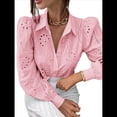 thumbnail image 2 of Blusa de Mujer con Mangas Largas Abullonadas, Cuello en V, Botones, Encaje Calado y Bordado Rosa M, 2 of 9