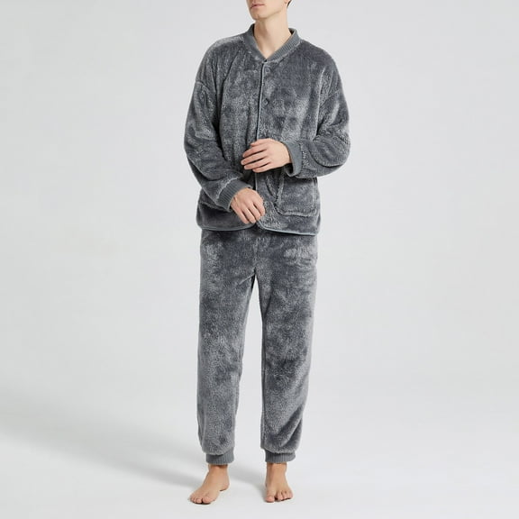 Fleece Pajamas for Men 3 Piece Sets Long Sleeve Shirts Tapered Leg Pants and Scarfs Plush Flannel Casual Solid Thermal Warm Loungewear Pajama Set