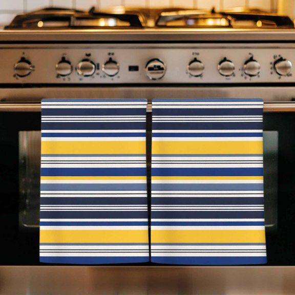 Navy Blue Yellow Striped Kitchen Towels Set of 4, Farmhouse Vintage Stripe Absorbent Dish Towels for Kitchen, Microfiber Hand Towel, Quick Drying Tea Towel for Cleaning Decorative Dishcloths