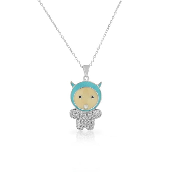 925 Sterling Silver Blue Enamel White Clear CZ Pendant Necklace, 18"
