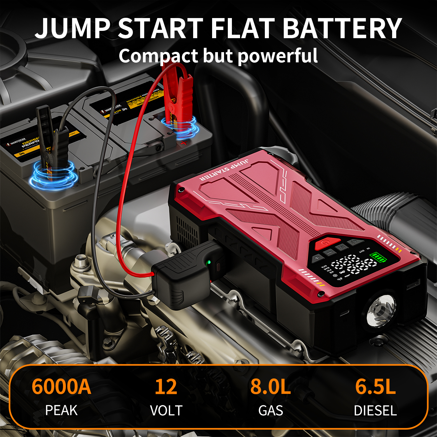 Featou Jump Starter with Compressor, 6000A Jump Box Car Battery Charger, Portable Jumper Starter Power Pack (8.0L Gas/6.5L Diesel),Rodeside Emergency Kit for Vehicle/Motorcycle Combo Tire Inflator