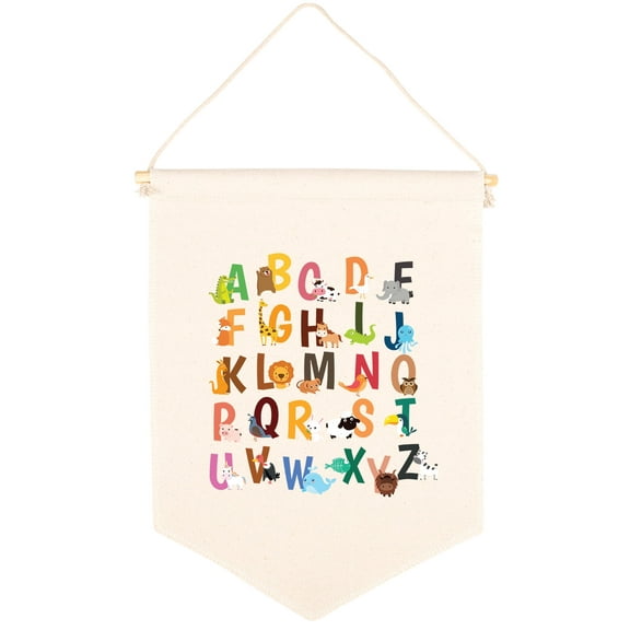 Koyal Wholesale Hanging Wall Canvas Banner, Alphabet & Animals Canvas, Nursery Wall Decoration Banner, 1-Pk