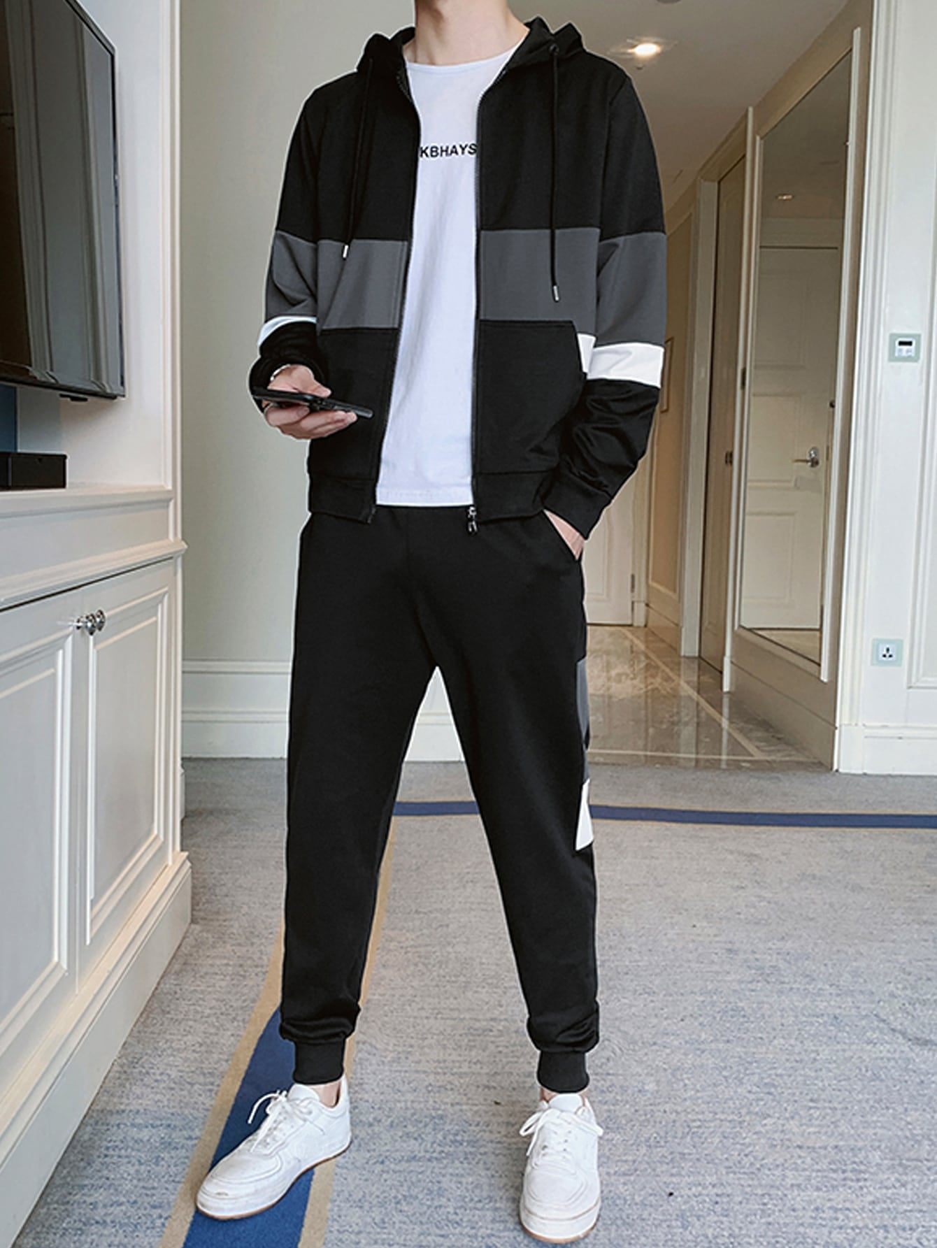 Casual Black Men Colorblock Drawstring 