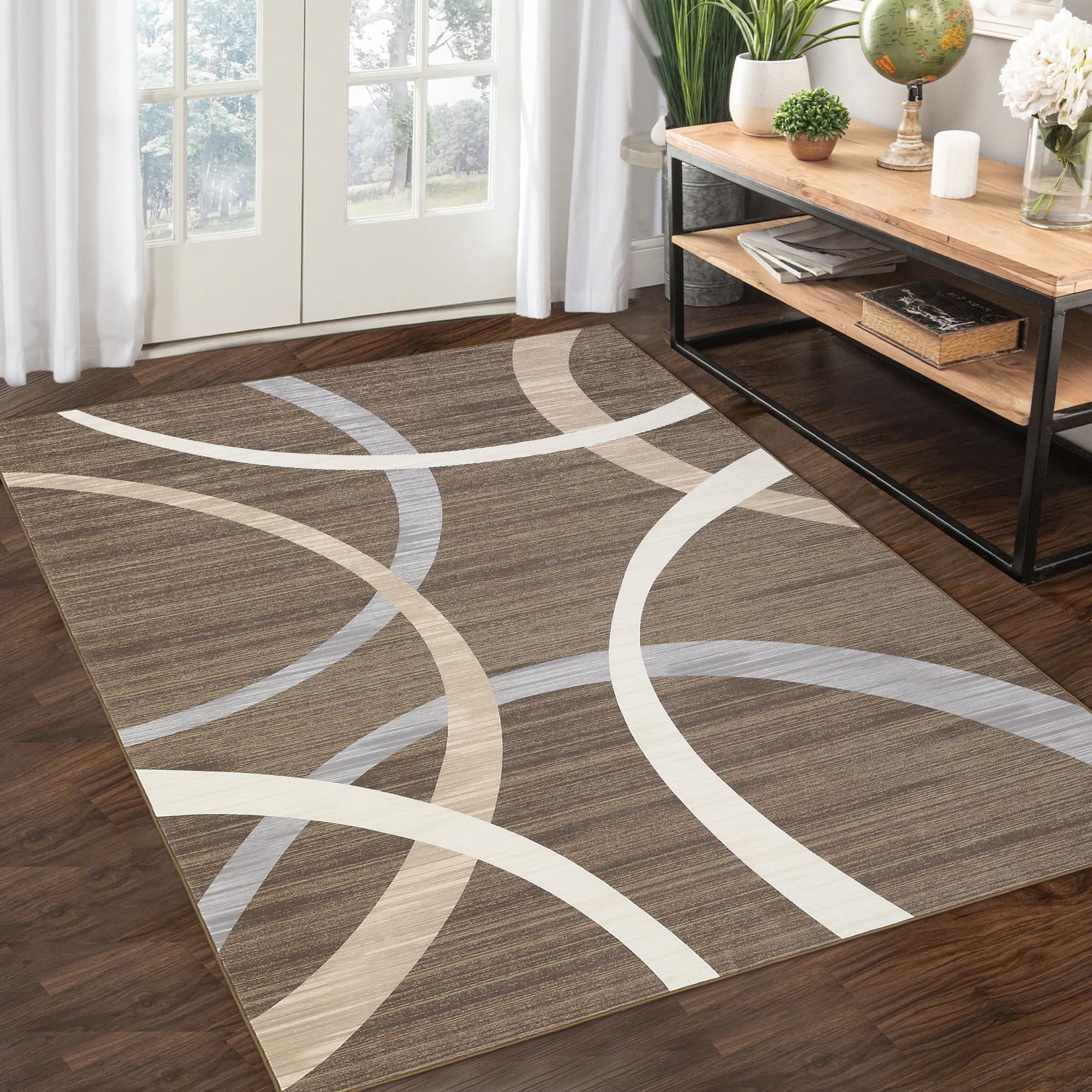 Hasoo Area Rug 4' x 6' Washable Rugs for Living Room Modern Geometric Line Pattern Carpet, Brown
