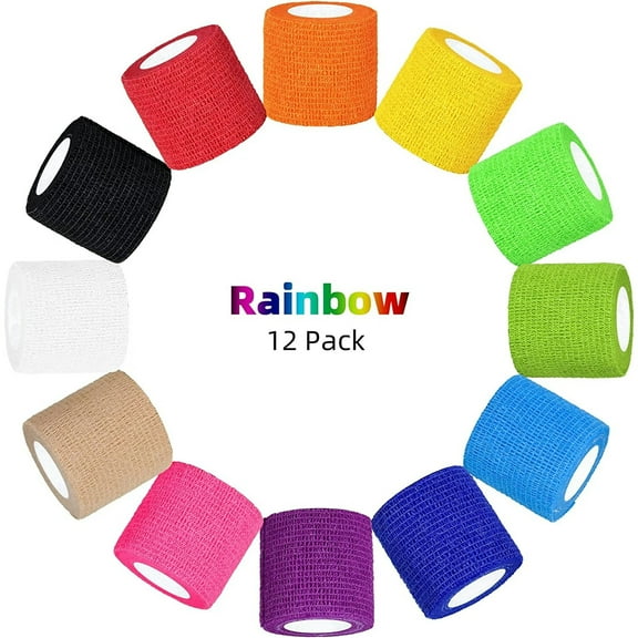 Adhesive Bandages 12 Pack,Athletic Tape 2 inches x 5 Yards(Rainbow)