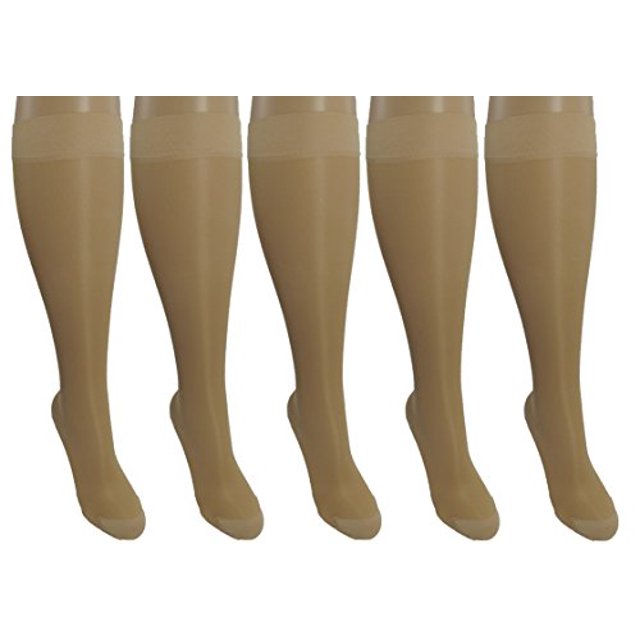 5 Pair Nude Sheer Large/X-Large Ladies Compression Socks, Moderate/Medium Graduated Compression 15-20 mmHg. Nurses, Work, Therapy, Travel & Flight Knee-High Hosiery.