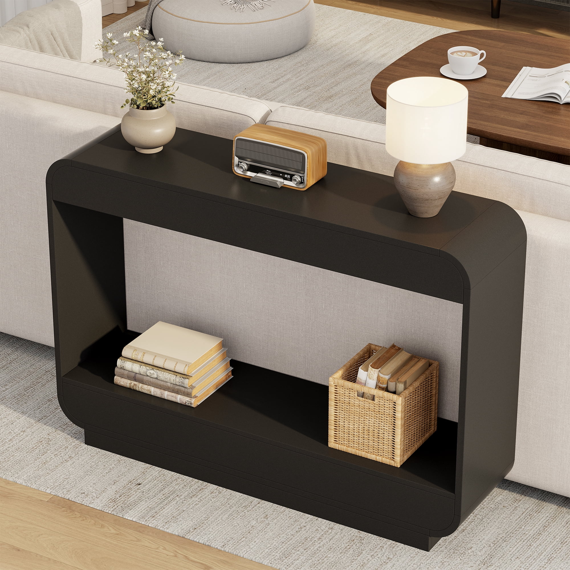 Laintene Console Table, 43" Curved Entryway Table, Wood Sofa Tables Behind Couch with Open Shelf, Entry Table for Entrance, Hallway, Living Room, Black