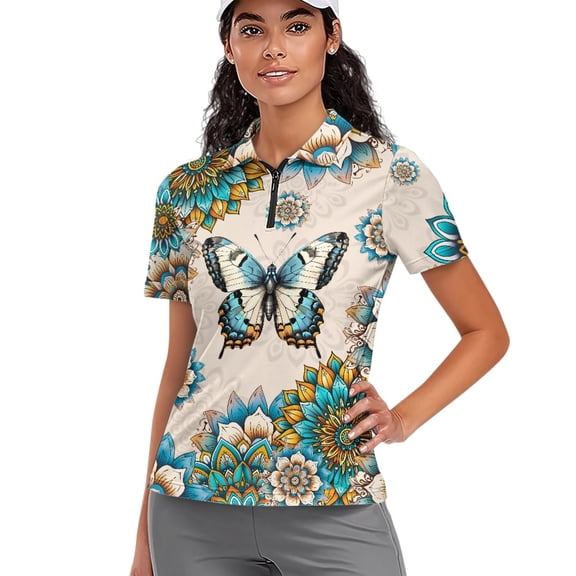 Whosucclay Butterfly Pattern 1/4 Zip Polo Shirts, Polyester Tennis Shirts Half-Zip Moisture Wicking Golf Polo Tops for Bowling Shopping Hiking Size X-Small