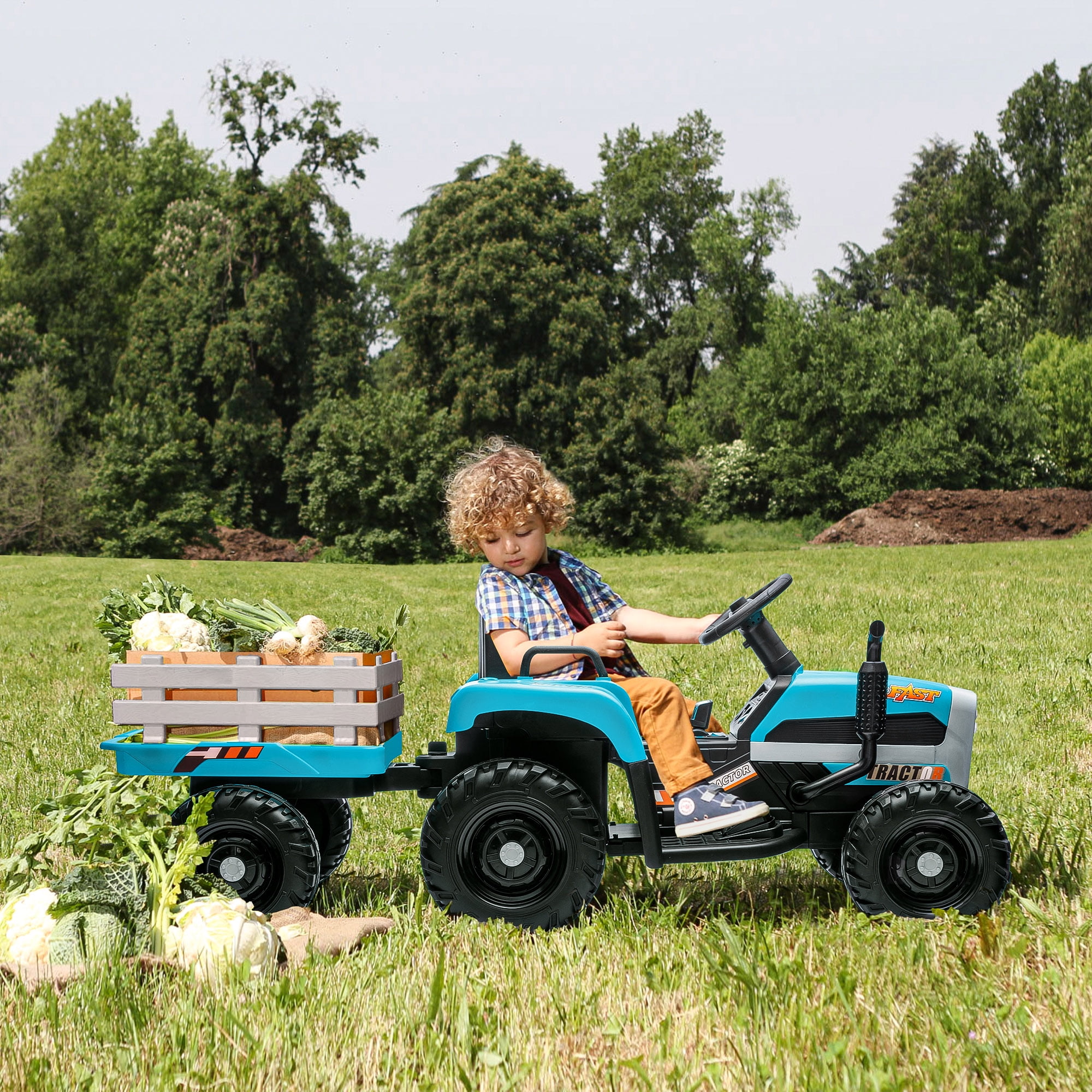 CIPACHO 12v Battery-Powered Kids Toy Tractor with Trailer and 3-Gear-Shift Ground Loader Ride On with USB&Bluetooth Audio Functions, Blue CIPACHO 12v Battery-Powered Kids Toy Tractor with Trailer and 3-Gear-Shift Ground Loader Ride On with USB&Bluetooth Audio Functions, Blue