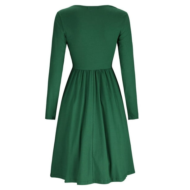 Vestido de color puro, vestido de manga larga con botones redondos, vestido de manga larga para mujer, vestido de cuello redondo de primera línea