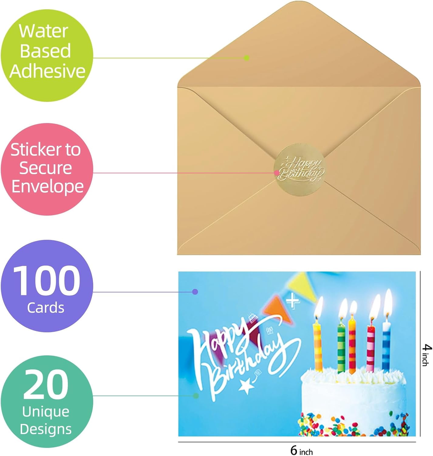 100 Happy Birthday Cards with Envelopes, 20 Unique Designs, Birthday Cards Bulk with Short Generic Message Inside, 4x6 inches, Assorted Birthday Cards Assortment for Business, Office and Personal