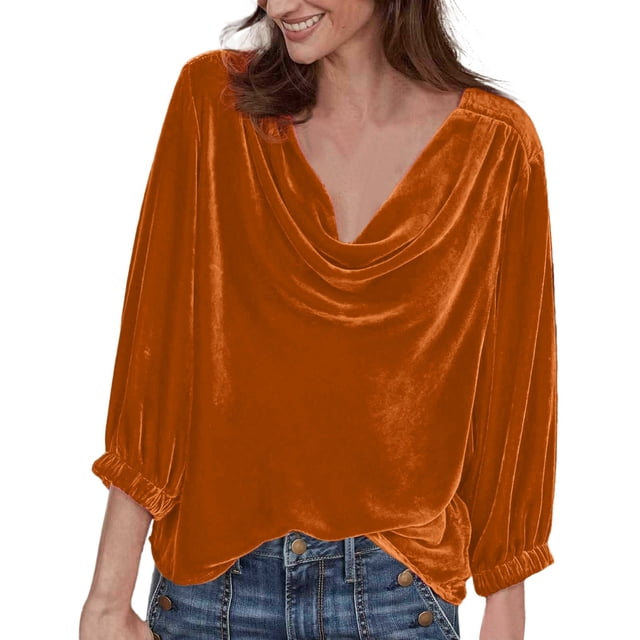 adviicd Hauts à Manches Longues pour Femmes, Blouse Plissée Basique à Col Rond Décontractée, Dos à Trou de Serrure Courbé en Chiffon Orange,L