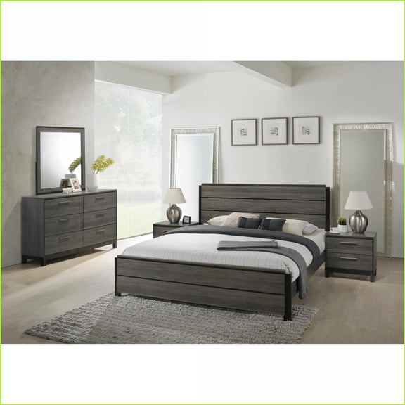 Bedroom Set 5-Piece Queen Size Slate Gray Wood with Dresser, Mirror, 2 Nightstands | Wood | Standard Beds