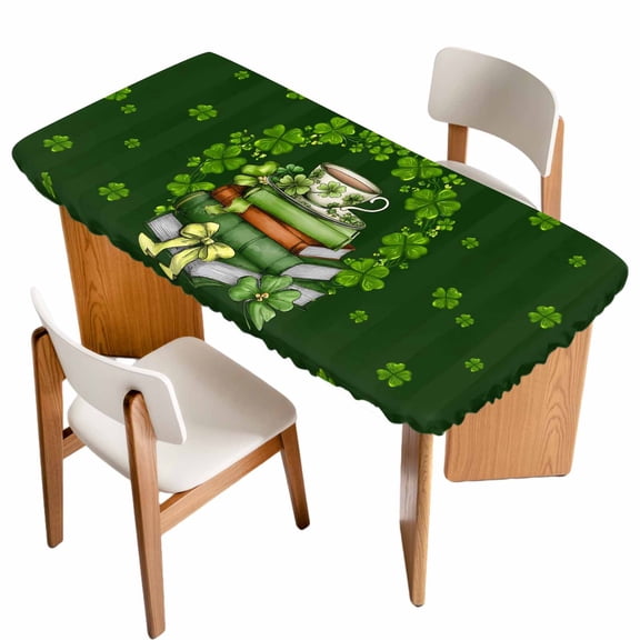 St. Patrick’s Day Shamrock Table Cloths for 4 Foot Rectangle Tables, Dark Green Books Cups Lucky Leaf Patio Waterproof Elastic Fitted Tablecloths, Washable Rectangular Table Cover for Camping