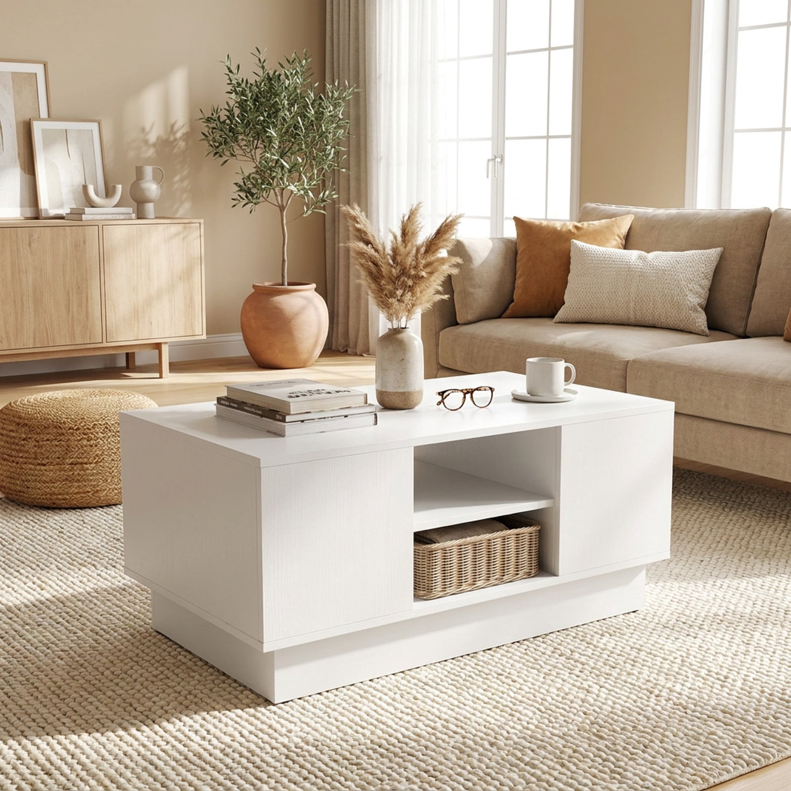 Furnibear Modern 2-Tier Coffee Table with Open Storage Compartments Recessed Base and Non-Slip Foot Pads for Living Room, White