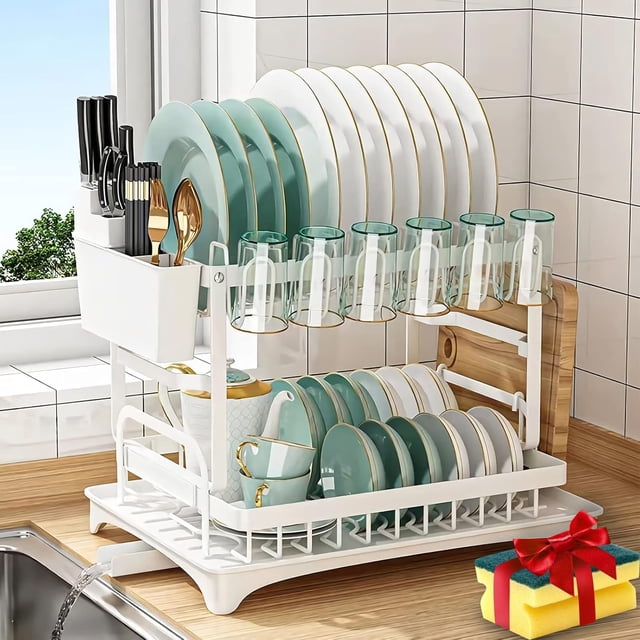 Escurridor de Platos sobre Fregadero, Acero Inoxidable 2 Niveles con Drenaje Automático | Incluye Soporte Utensilios, Tabla de Cortar y Estante de Vasos | Organizador de Cocina Ahorra Espac