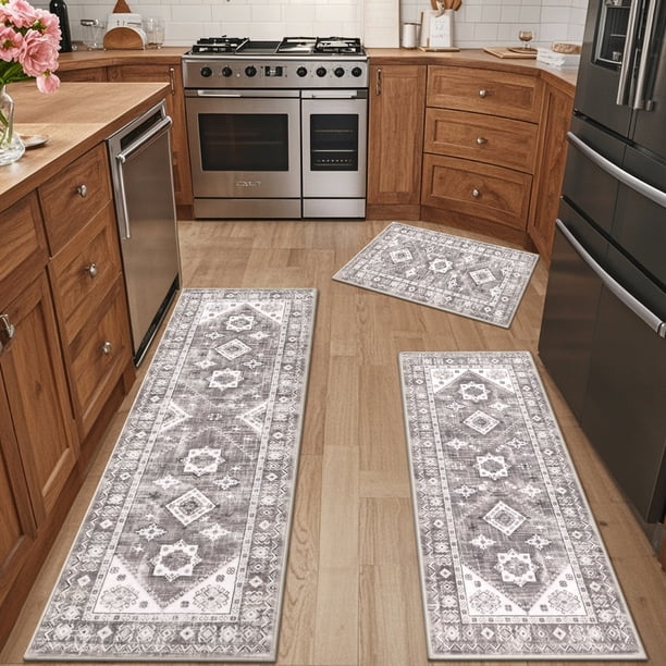 MeyJey Juego de Tapetes de Cocina Vintage, Tapete de Cocina Antideslizante de 3 Piezas, Tapete de Corredor Lavable a Máquina para el Piso Del Hogar y la Sala de Estar, Gris Topo/beige