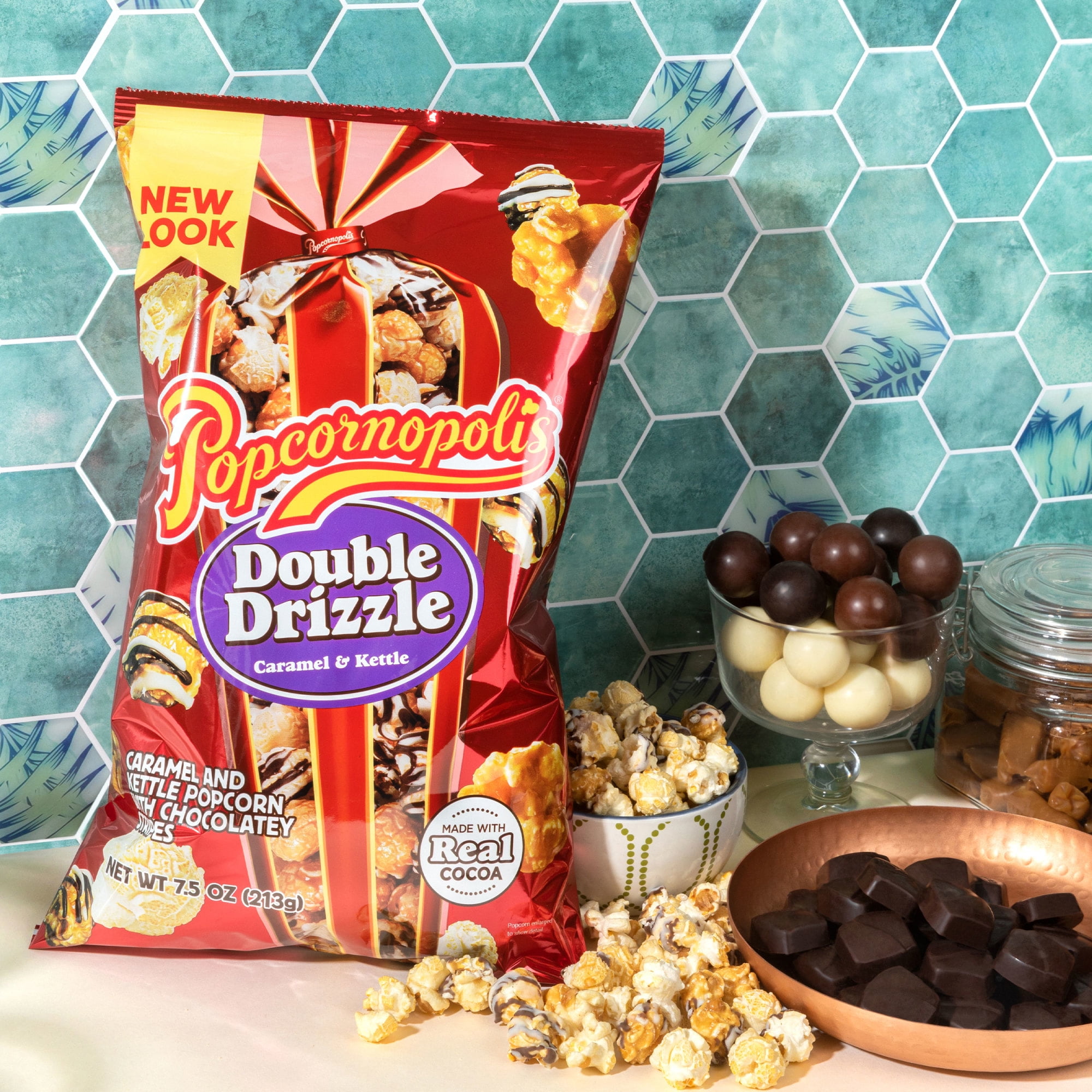 (2 pack) Popcornopolis Double Drizzle 7.5 oz Bag, Caramel and Kettle with Chocolatey Stripes Popcorn