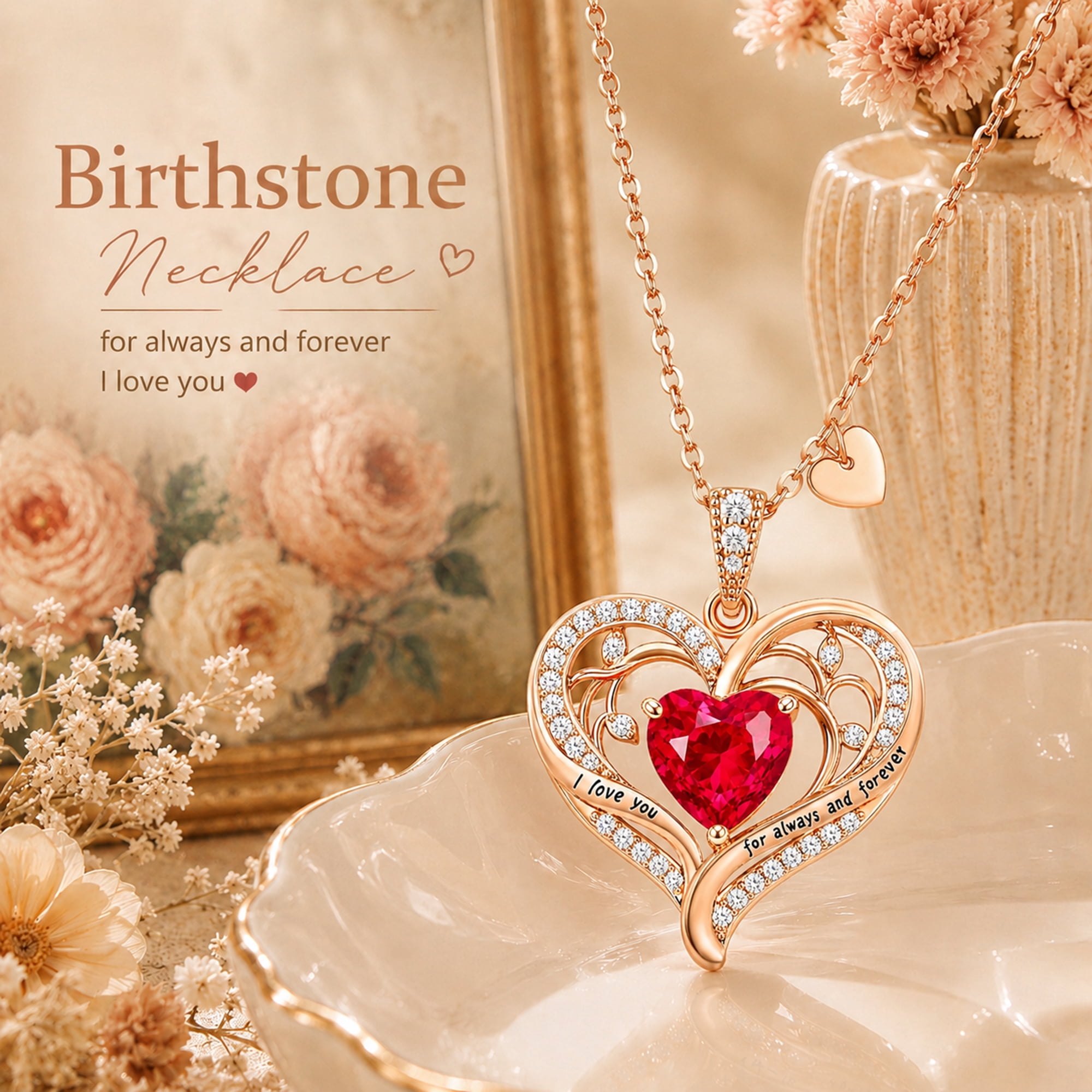 HESHPAWS Love Pendant Necklaces for Women With Birthstone Zirconia, Christmas Birthday Anniversary Jewelry Gift for Women Wife
