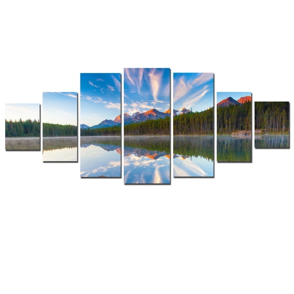 Startonight Huge Canvas Wall Art Mountain Lake Reflection, Home Decor, Dual View Surprise Artwork Modern Framed Wall Art Set of 7 Panels Total 39.37 x 94.49 inch
